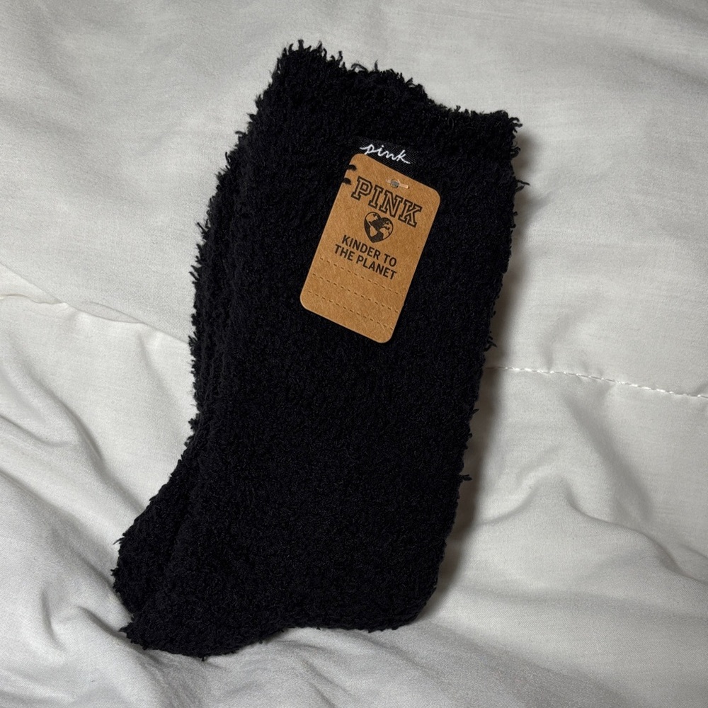 PINK Victoria's Secret Black Fuzzy Lounge Socks